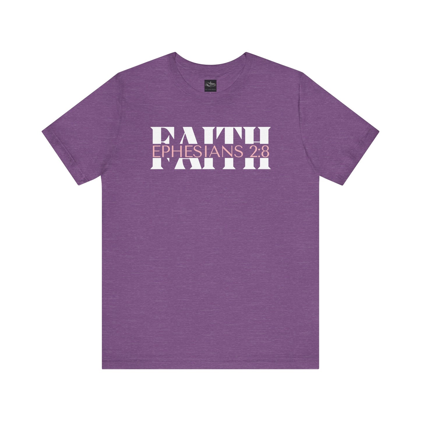 A heather team purple t-shirt with the word Faith and Ephesians 2:8