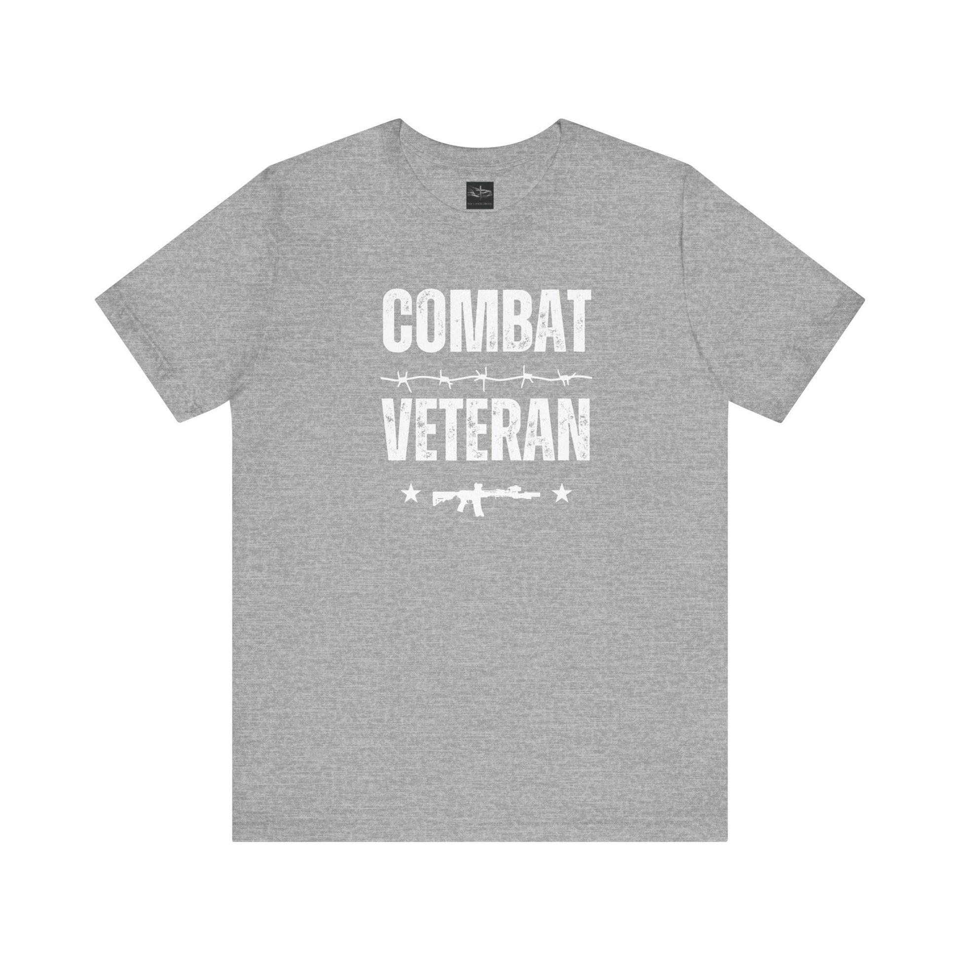 A athletic heather gray t-shirt with the words combat veteran that includes a m-4 rifle, stars, and barb wire