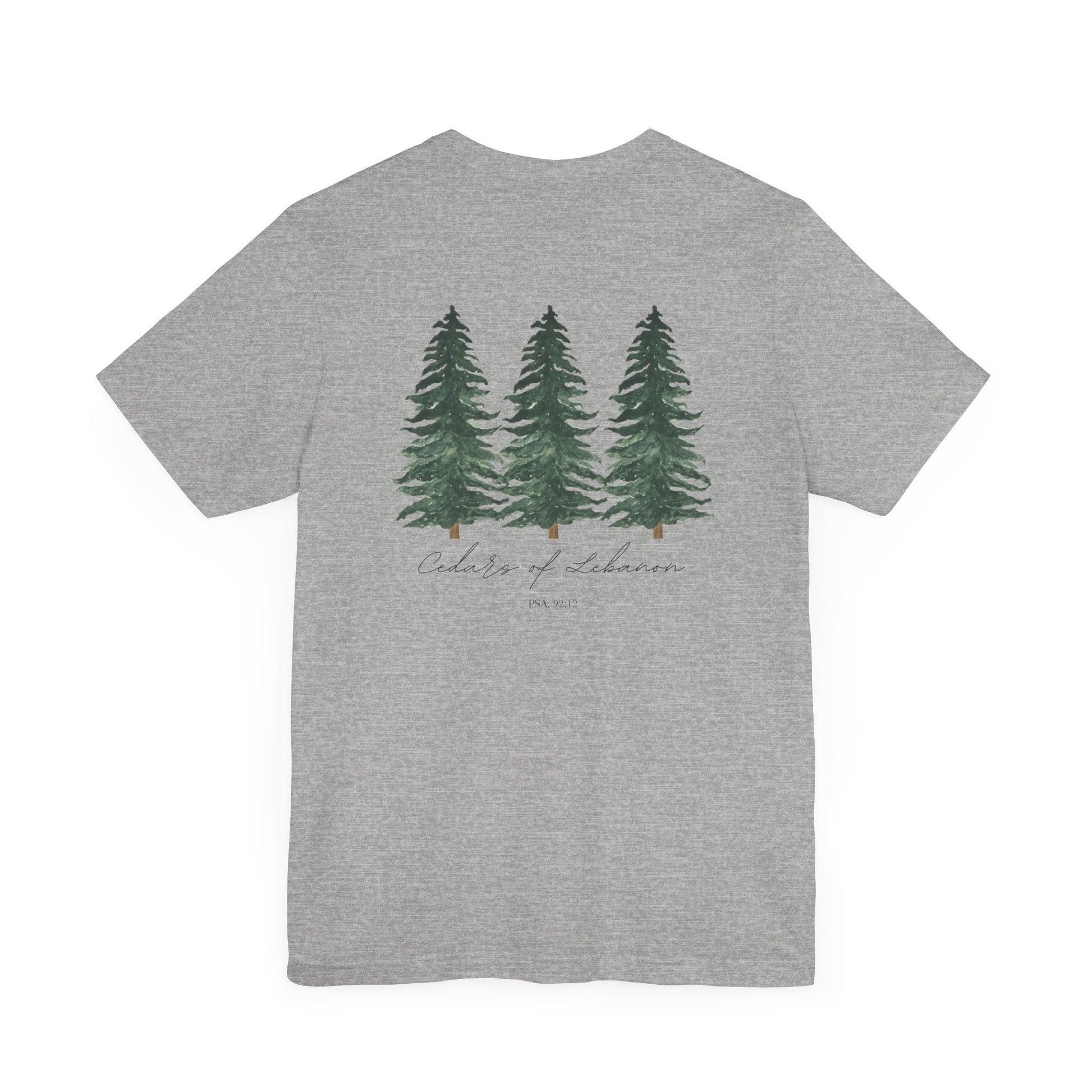 An athletic heather colored t-shirt with three cedar trees and the words Cedars of Lebanon and Psalms 92:12