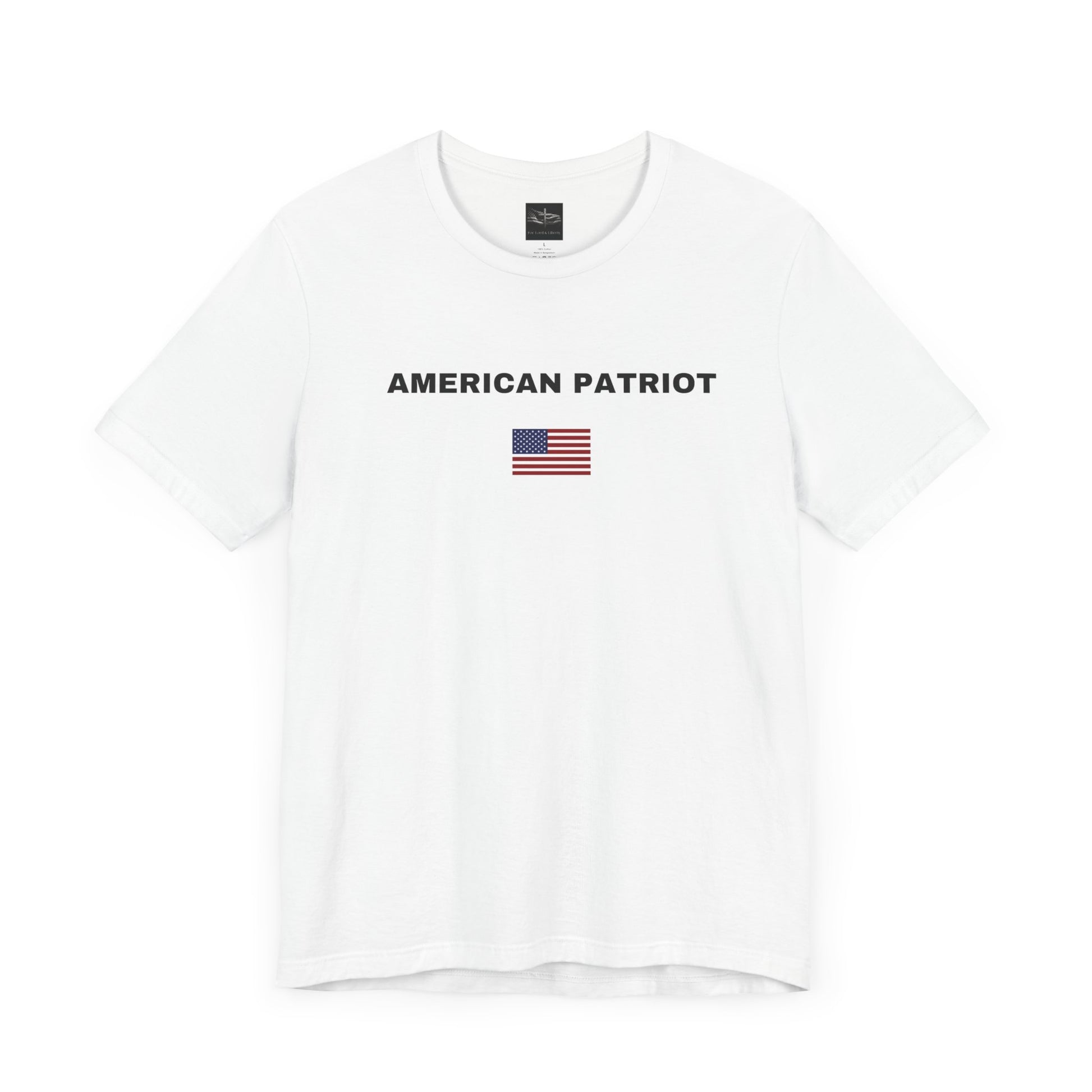 A white t-shirt with the words American Patriot in white letters and an American flag