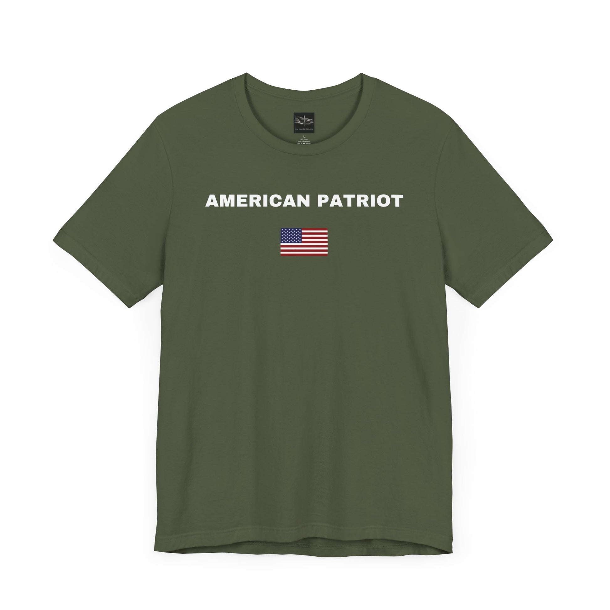 Military Green t-shirt with the words American Patriot in white and an American flag