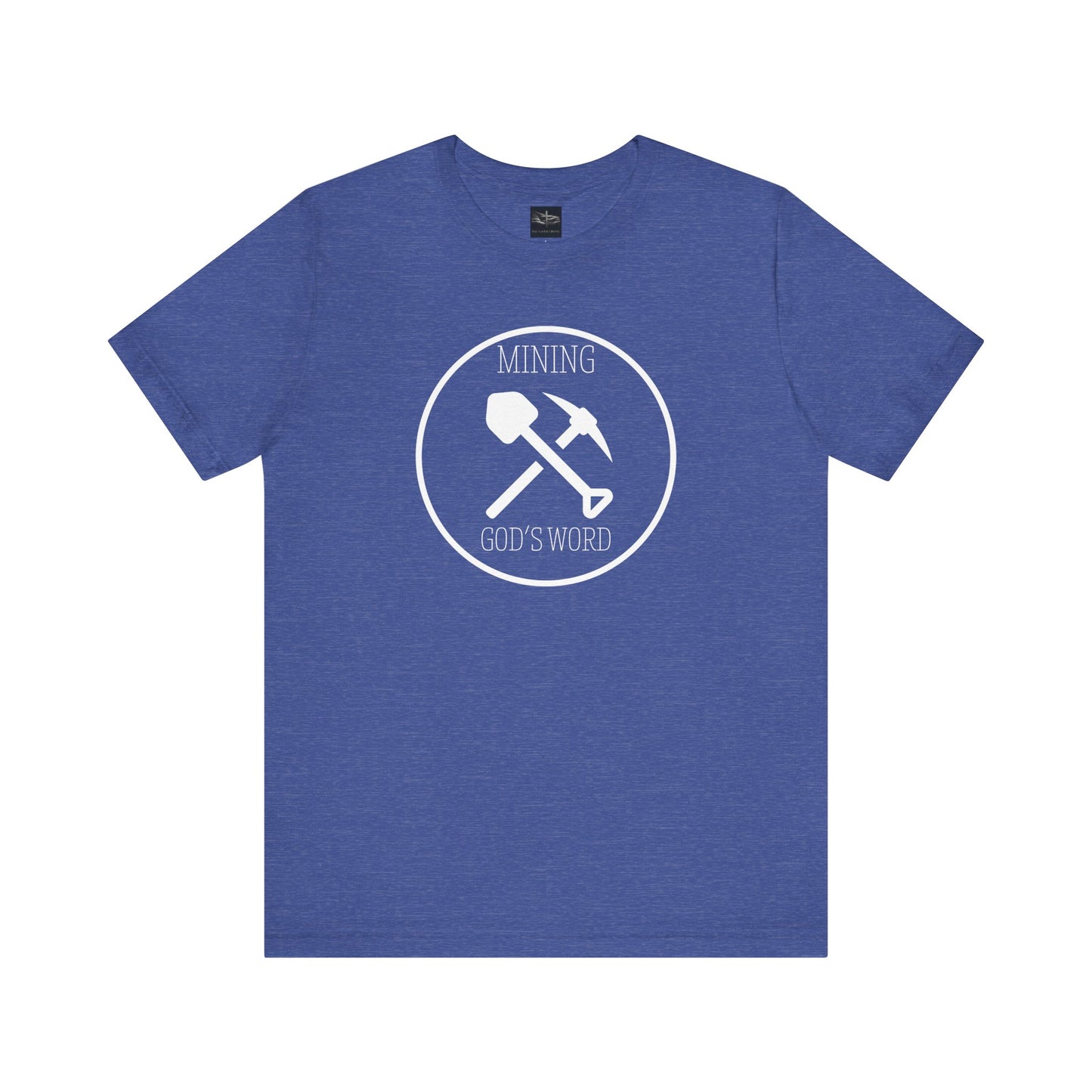 A heather true royal t-shirt with the words Mining God's Word with a picture of a shovel and pick axe