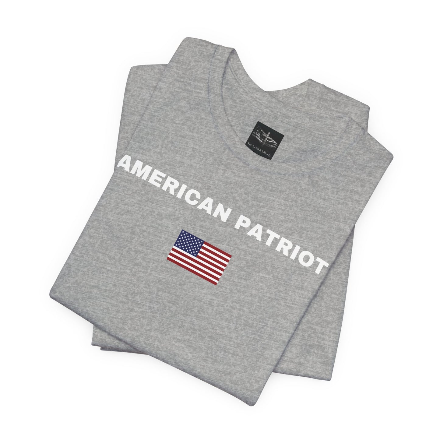 Gray t-shirt with the words American Patriot in white