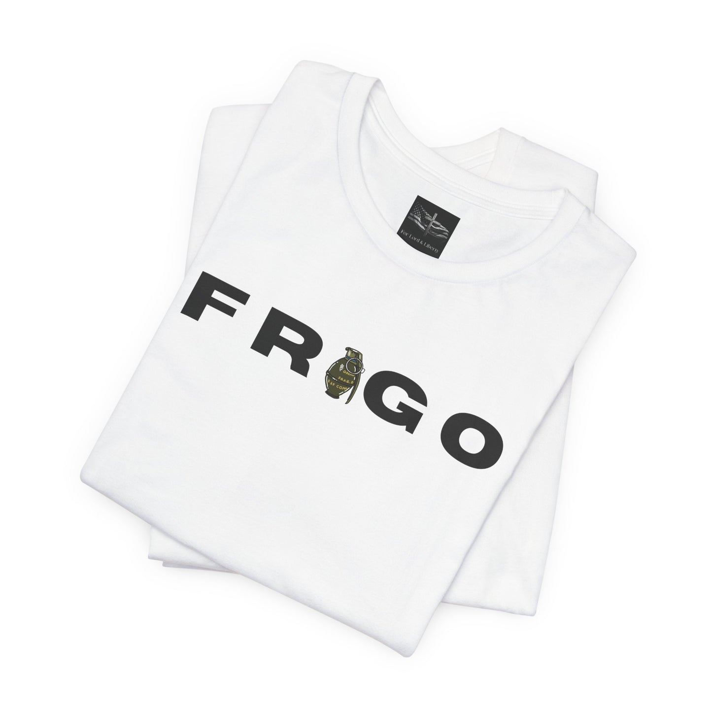 An white t-shirt with the word FRAGO