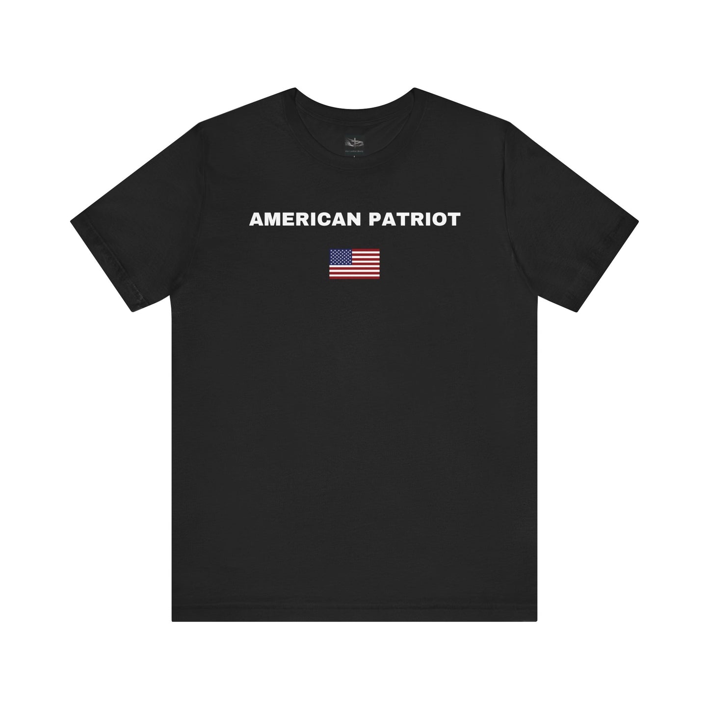 Black t-shirt with the words American Patriot in white with an American flag on it