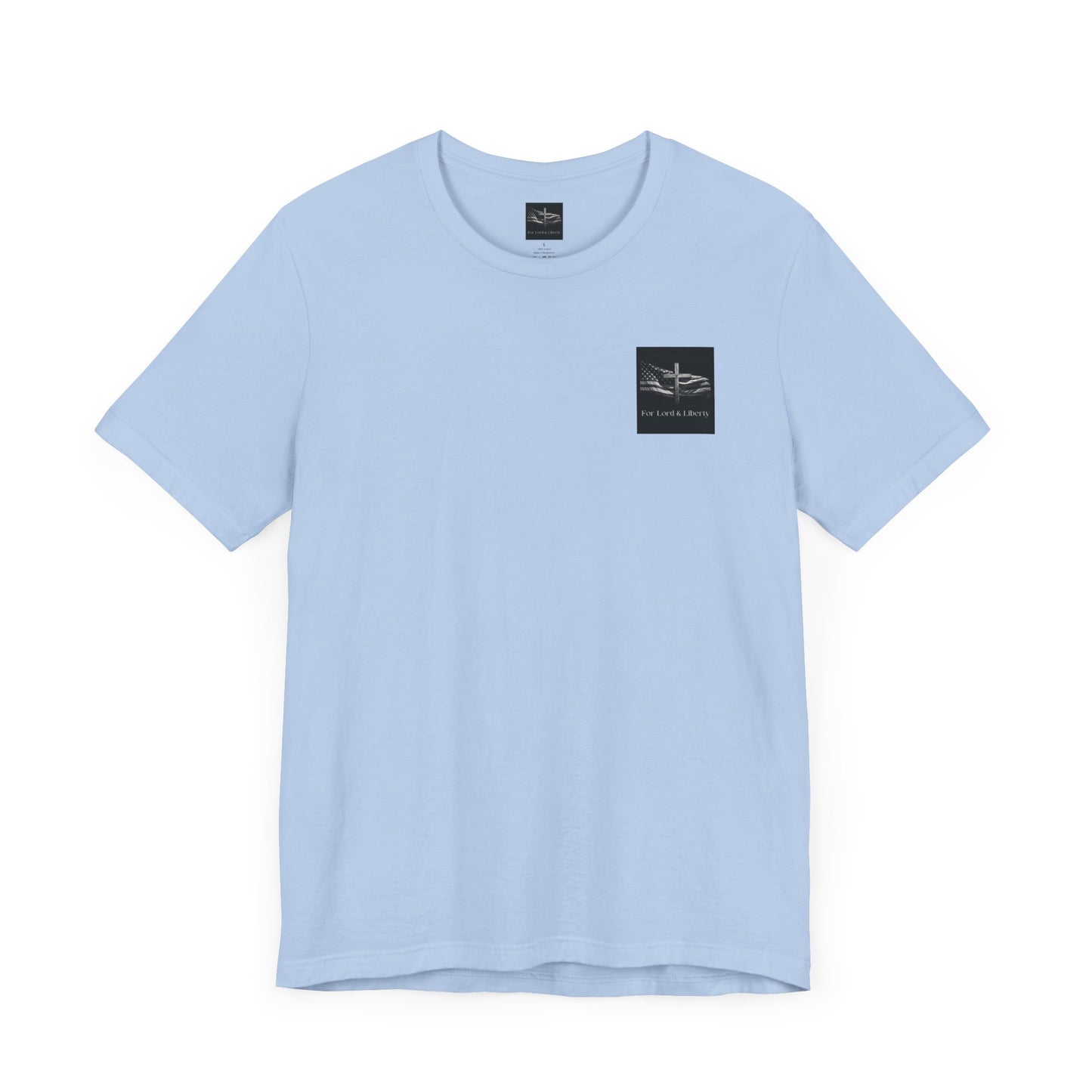 A baby blue t-shirt with the For Lord & Liberty logo on the front left pocket