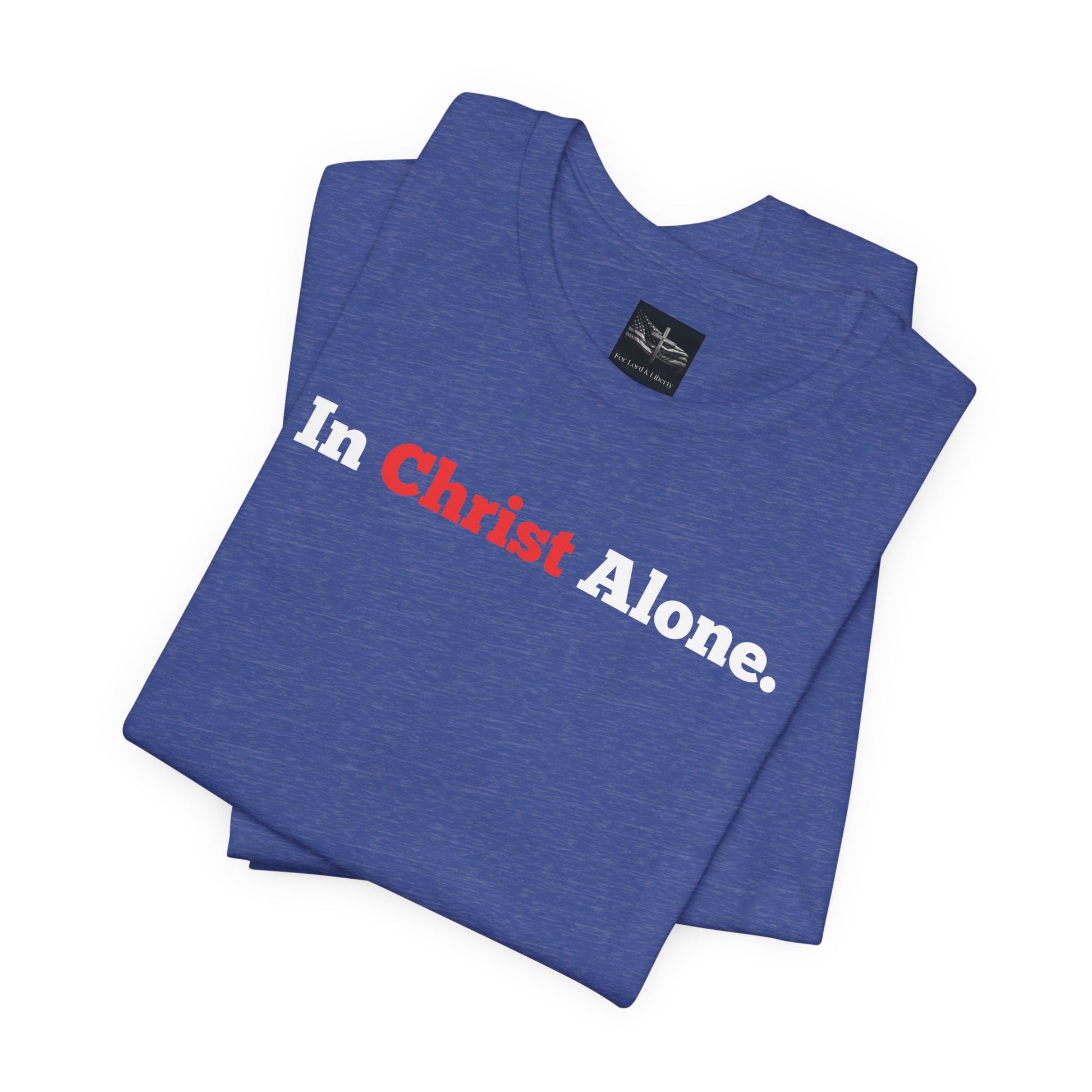 A heather true royal t-shirt with the words In Christ Alone