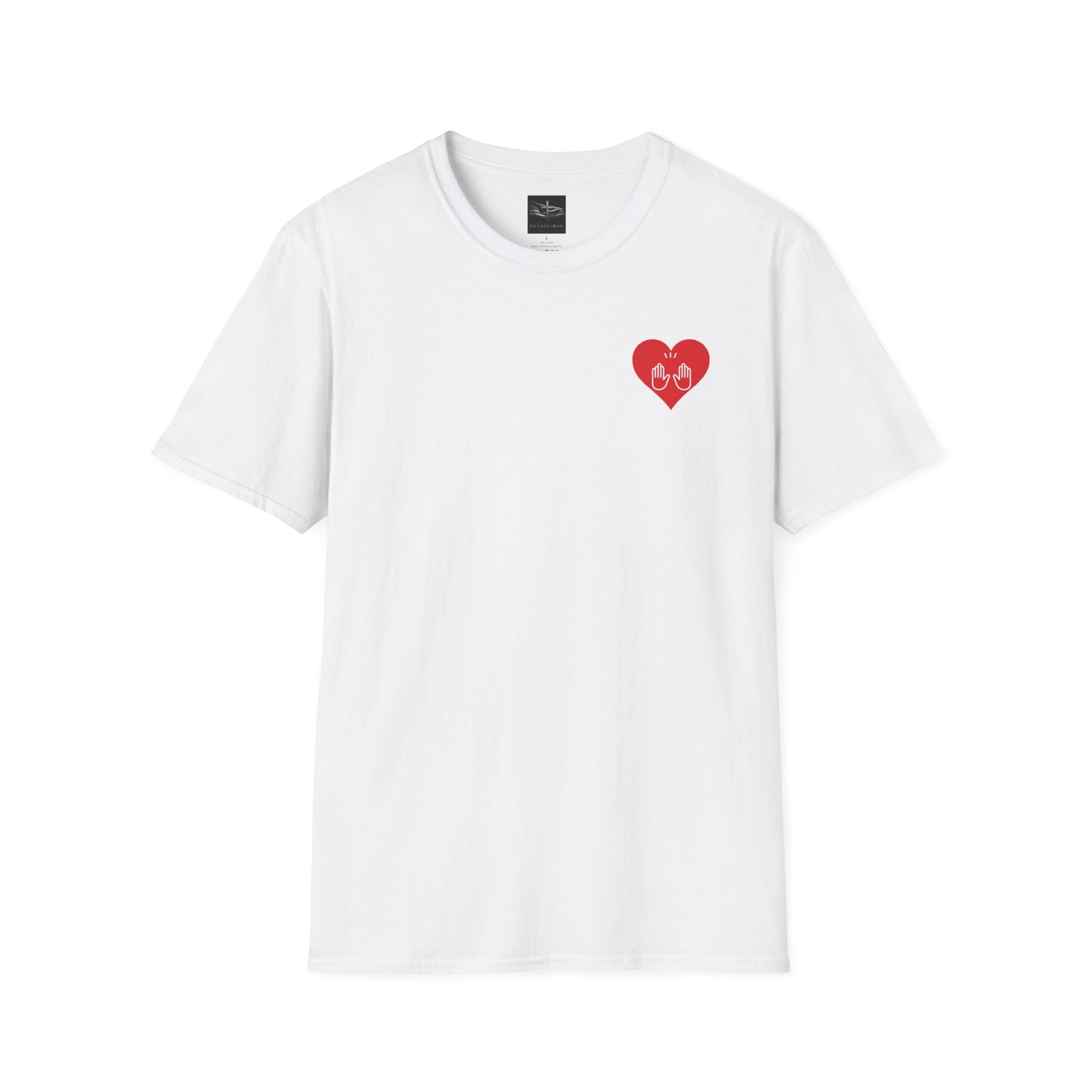 a white t-shirt with a red heart logo with praising hands