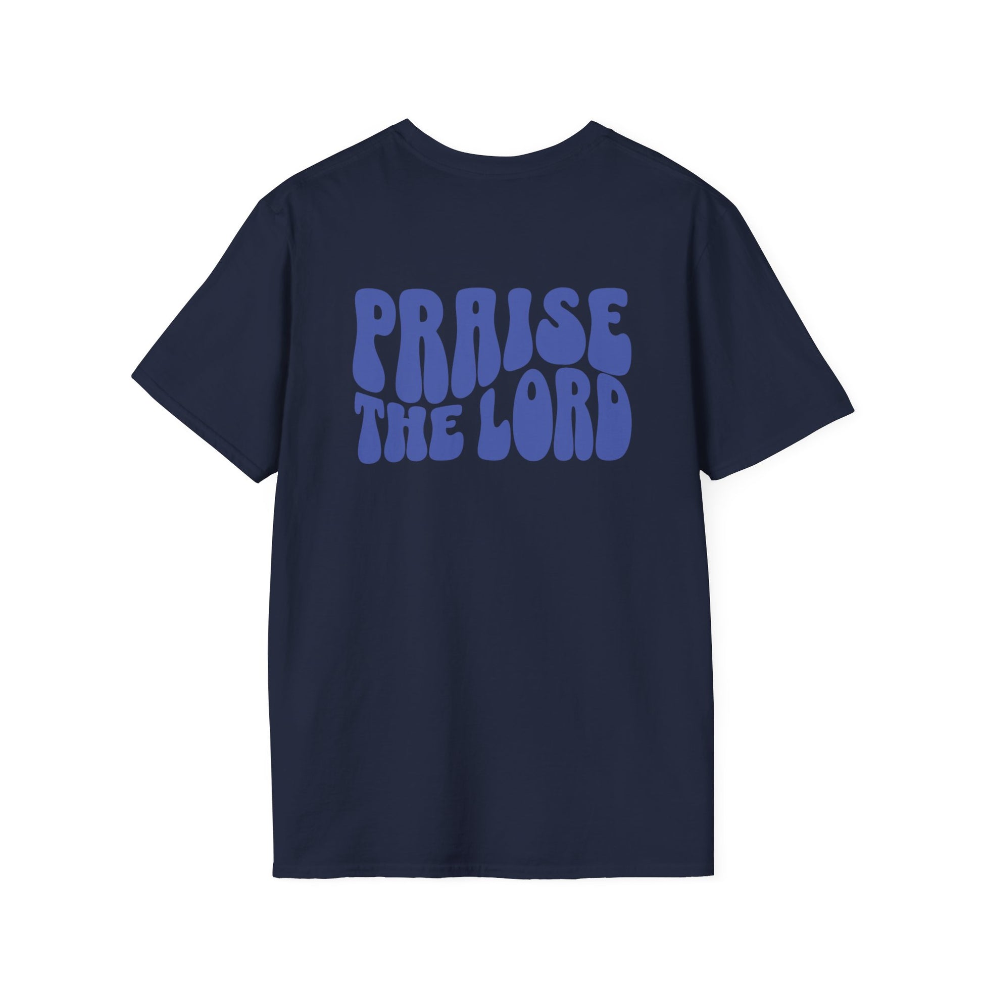 a navy blue t-shirt with the words Praise The Lord in blue