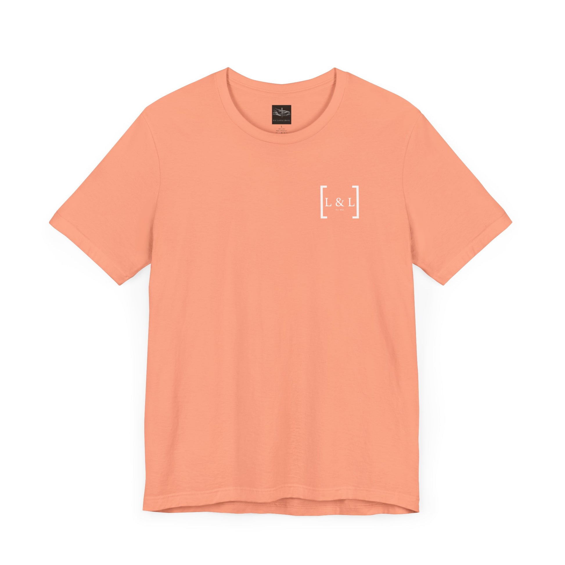 A sunset colored t-shirt with L&L established 2023 on the front left pocket