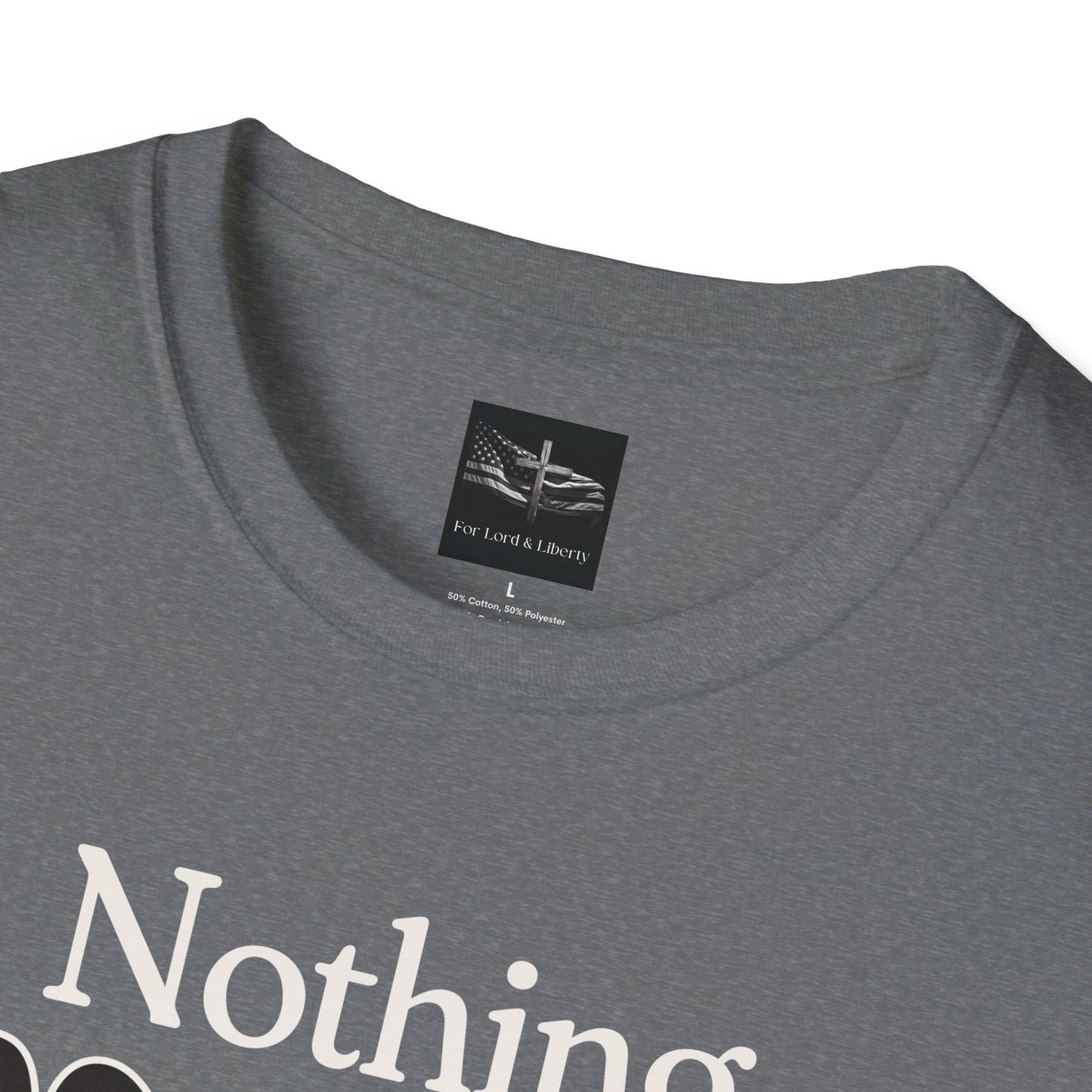 A graphite heather t-shirt with the words Nothing New Under the Sun Ecclesiastes 1:9 with a for lord and liberty logo sizing tag