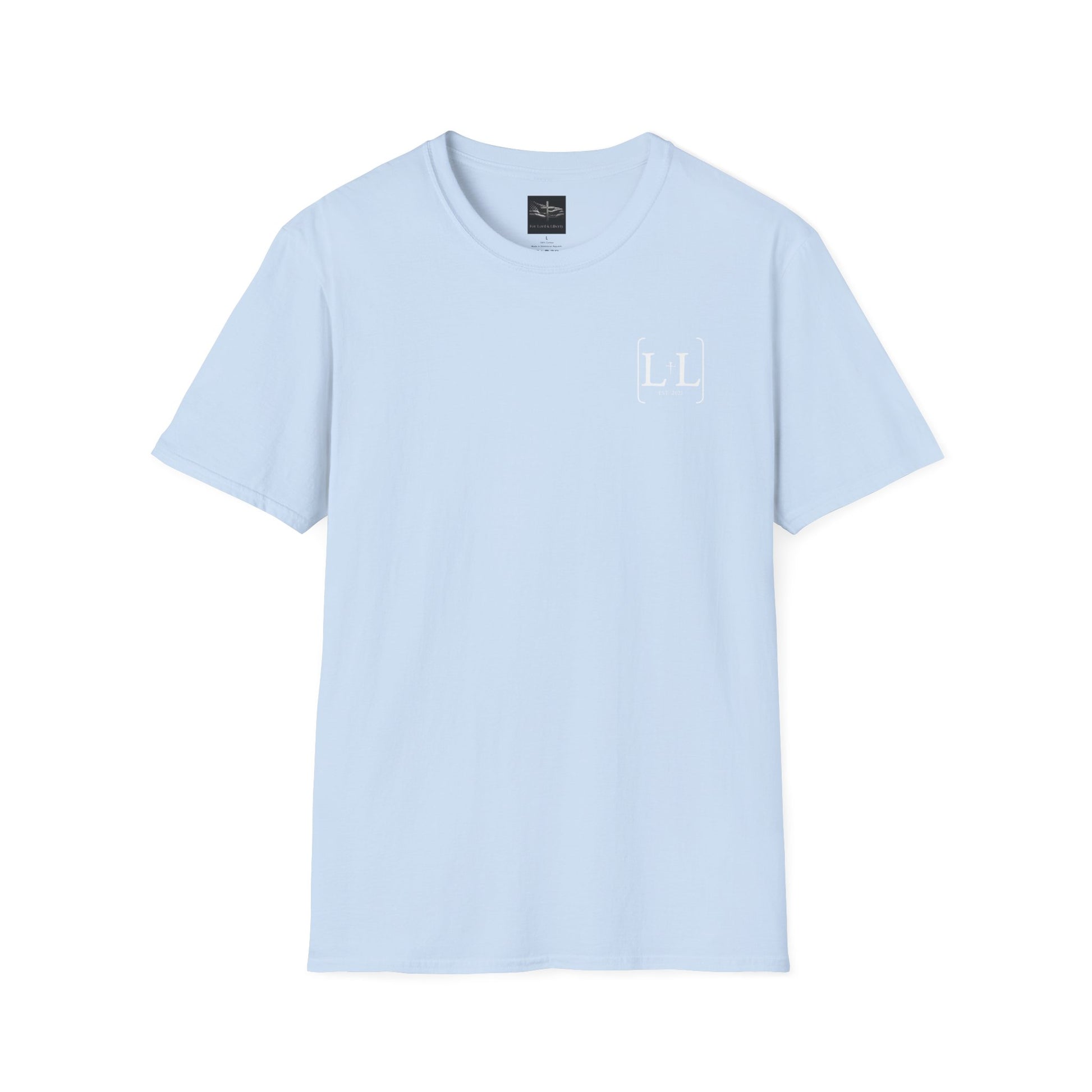 a light blue t-shirt with the for lord and liberty logo