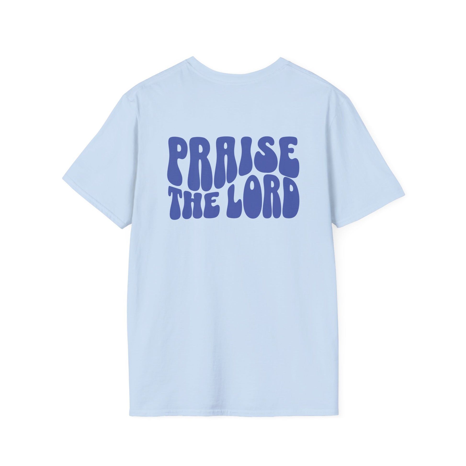 a light blue t-shirt with the words Praise The Lord in blue