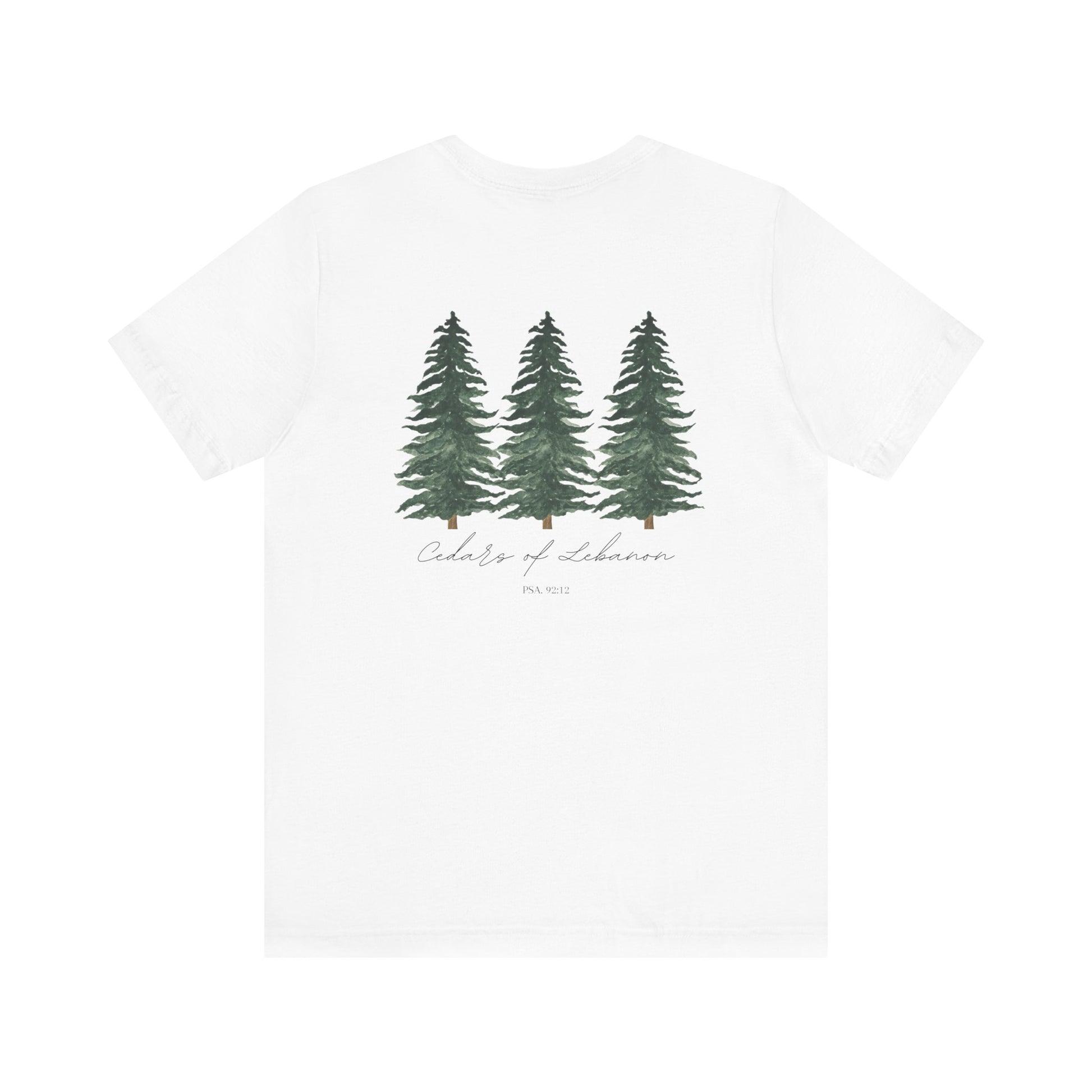 A white t-shirt with three cedar trees and the words Cedars of Lebanon and Psalms 92:12