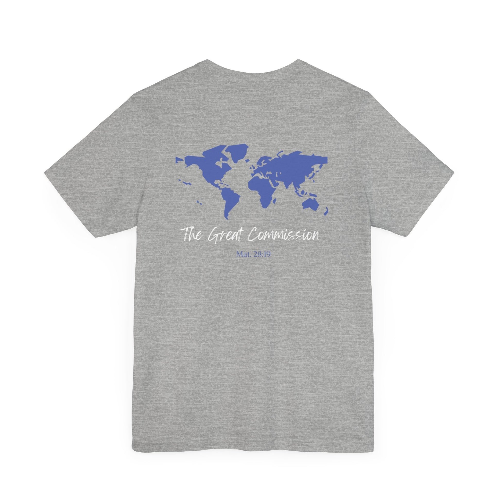 A athletic heather gray t-shirt with a map of the world with the words The Great Commission and Scripture Mat. 28:19