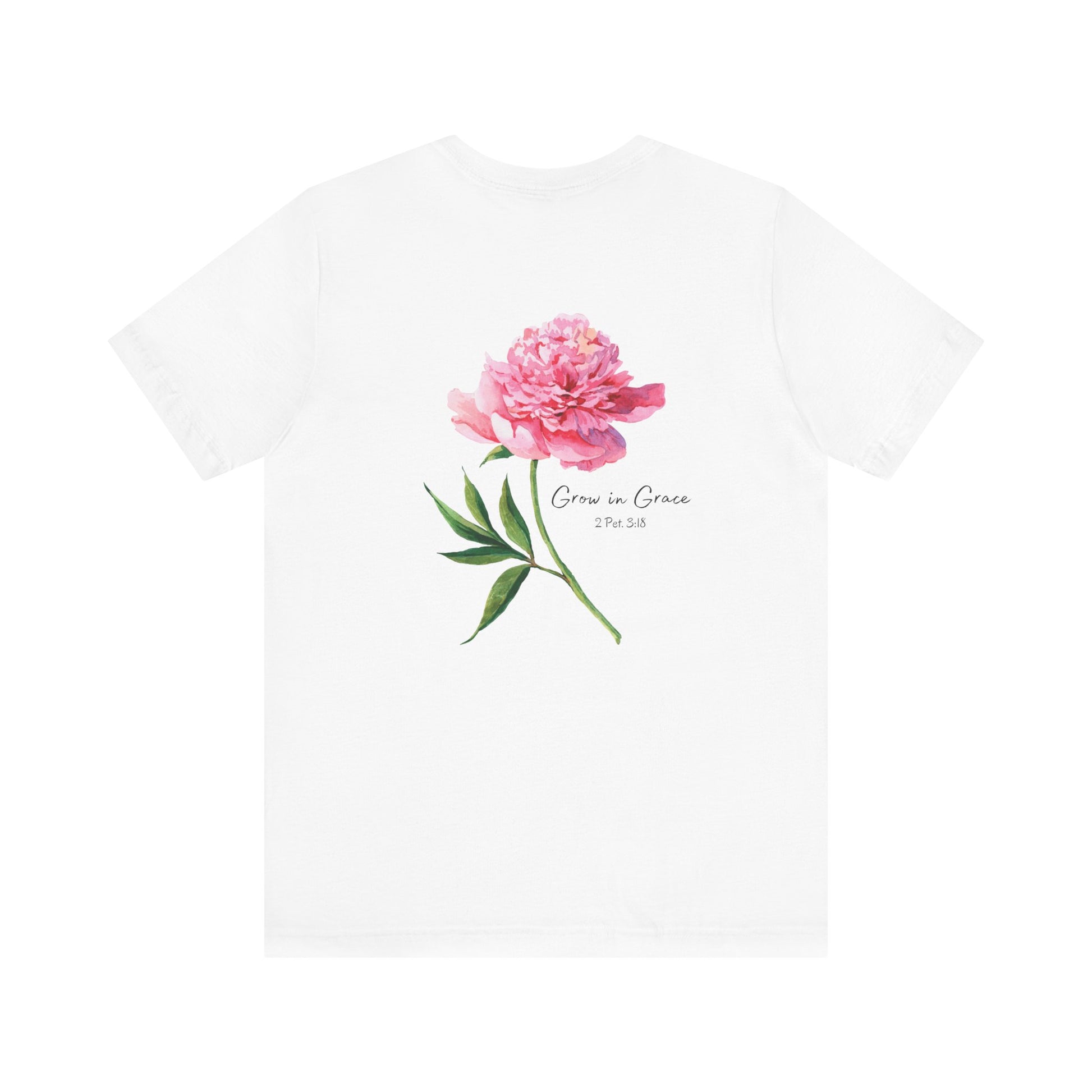 A white t-shirt with Grow in Grace and a flower on the back of t-shirt