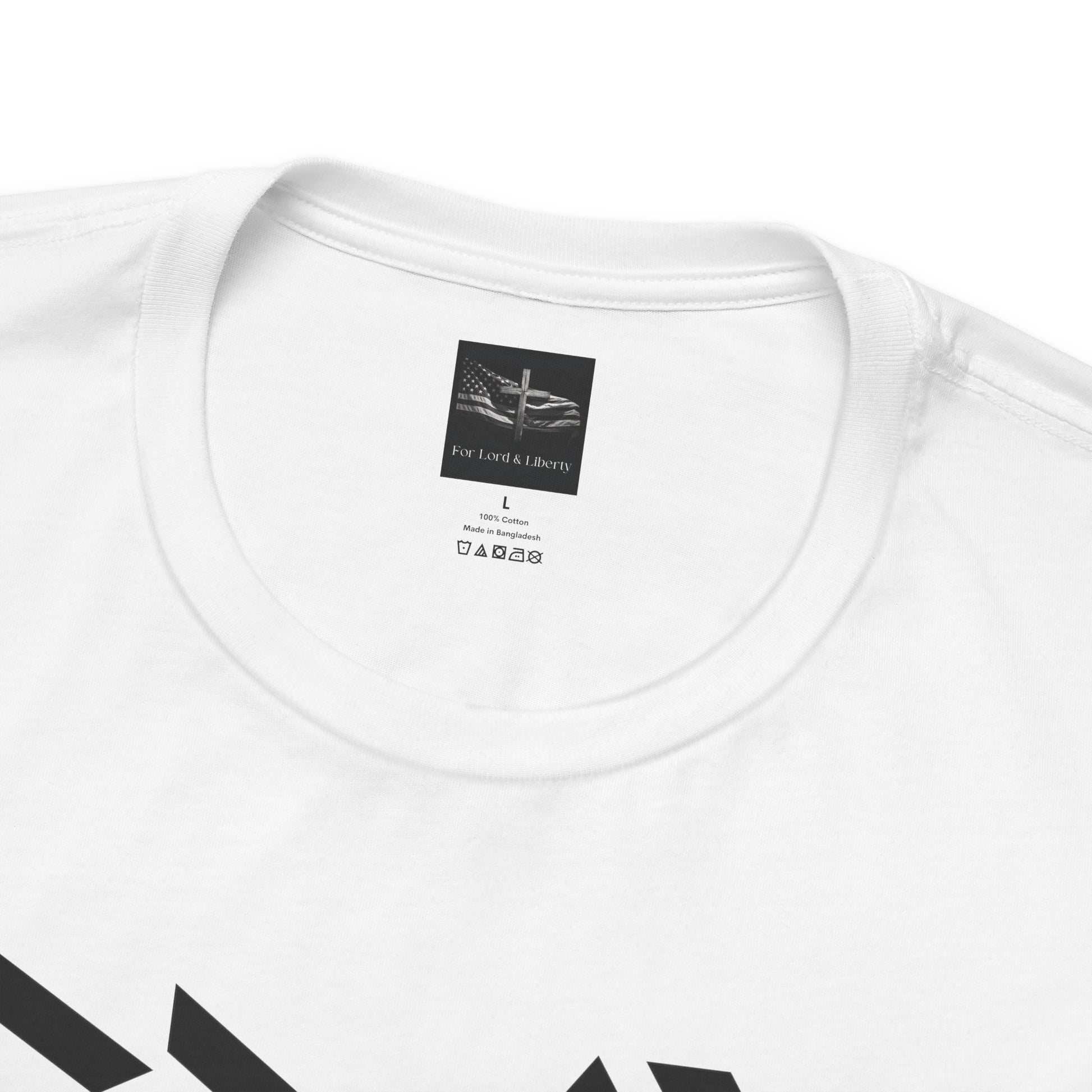 A white t-shirt with the for lord and liberty t-shirt tag