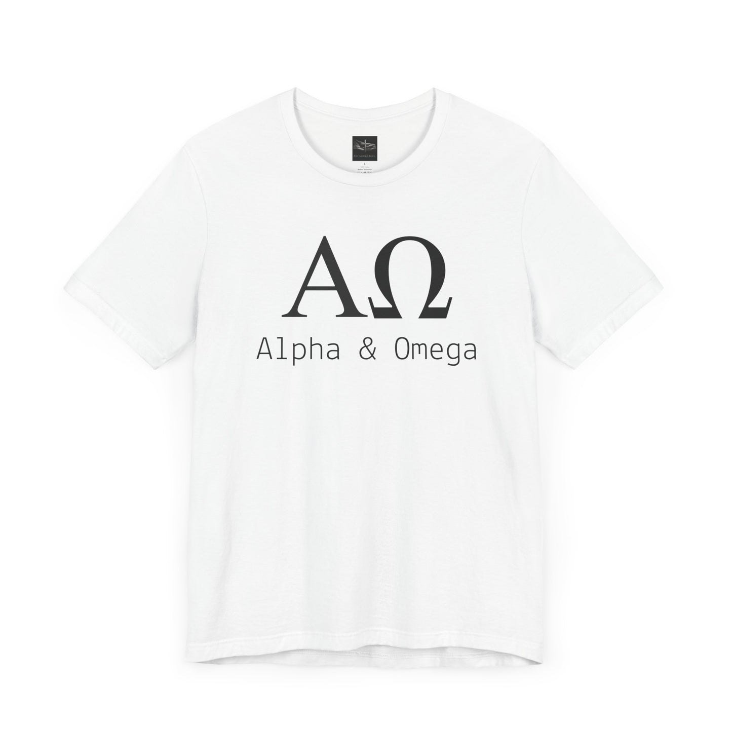 A white t-shirt with the Greek symbols alpha and omega