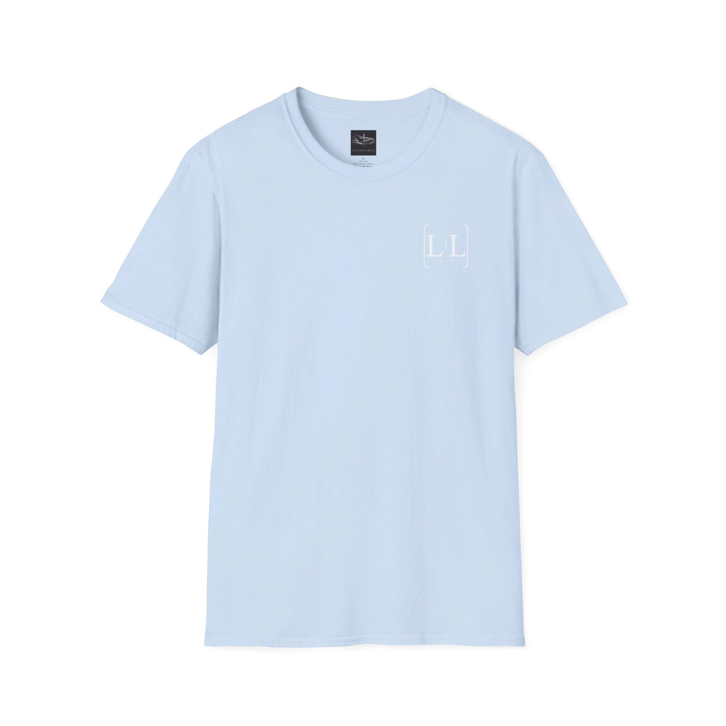 A light blue t-shirt with the for lord and liberty logo