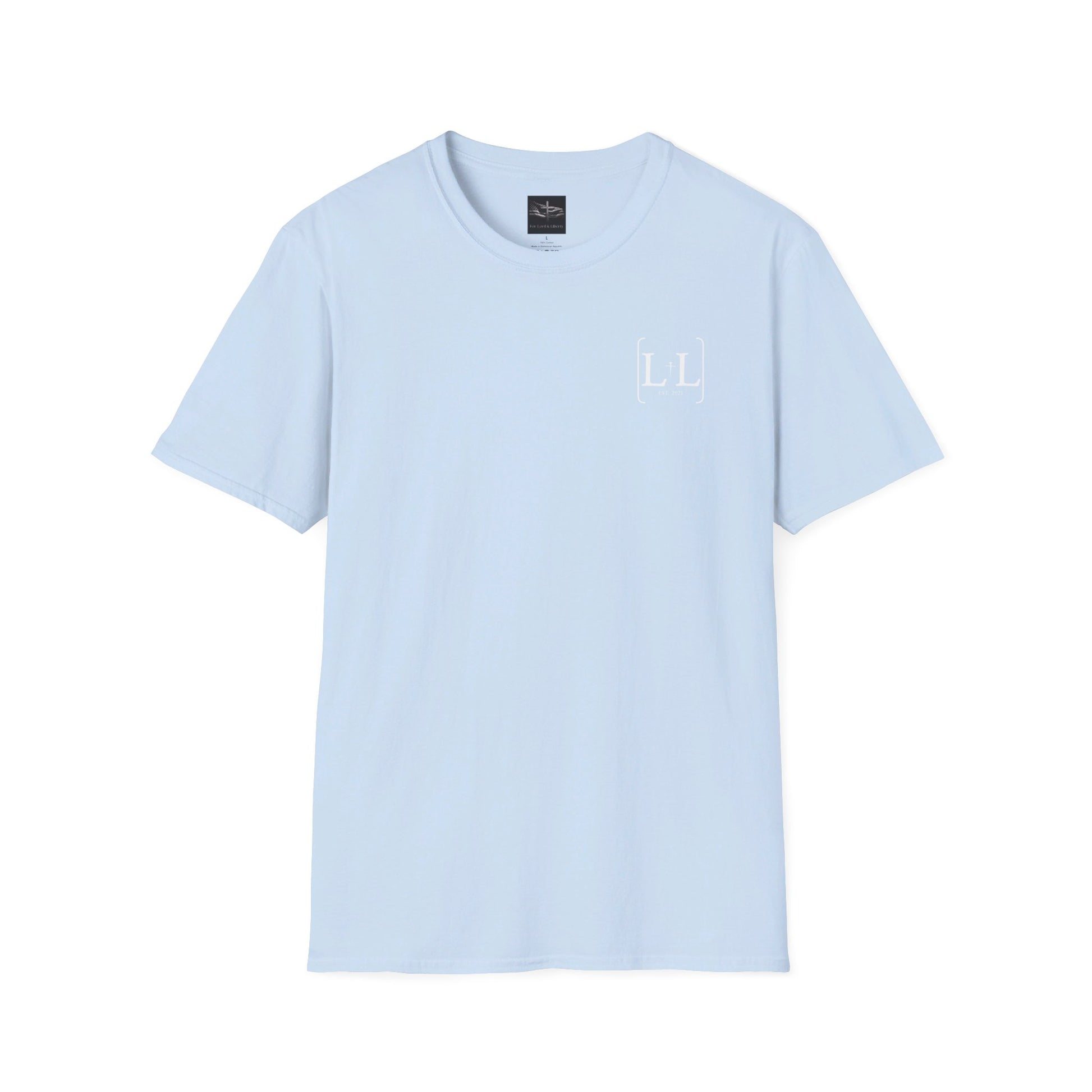 A light blue t-shirt with the for lord and liberty logo