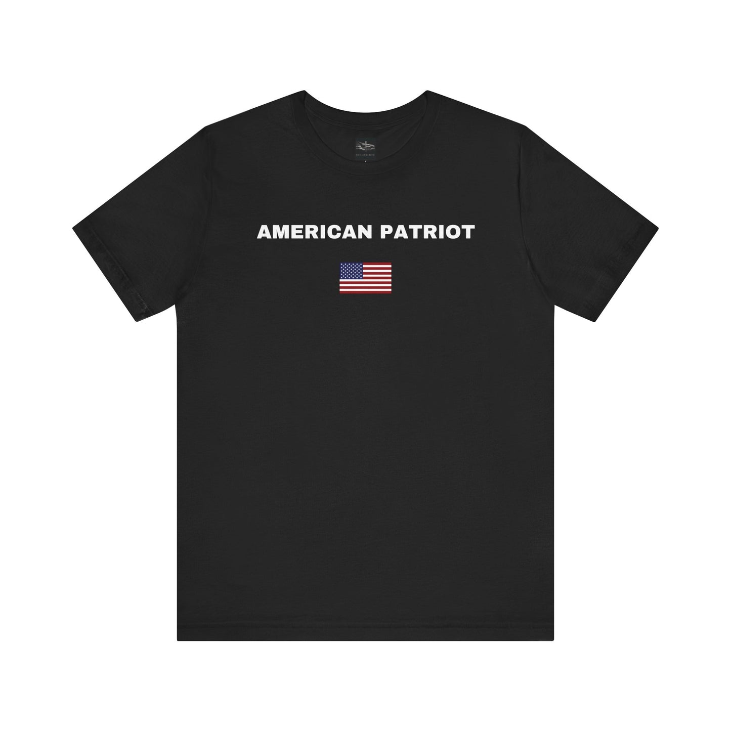 A black t-shirt with the words American Patriot in white with an American flag