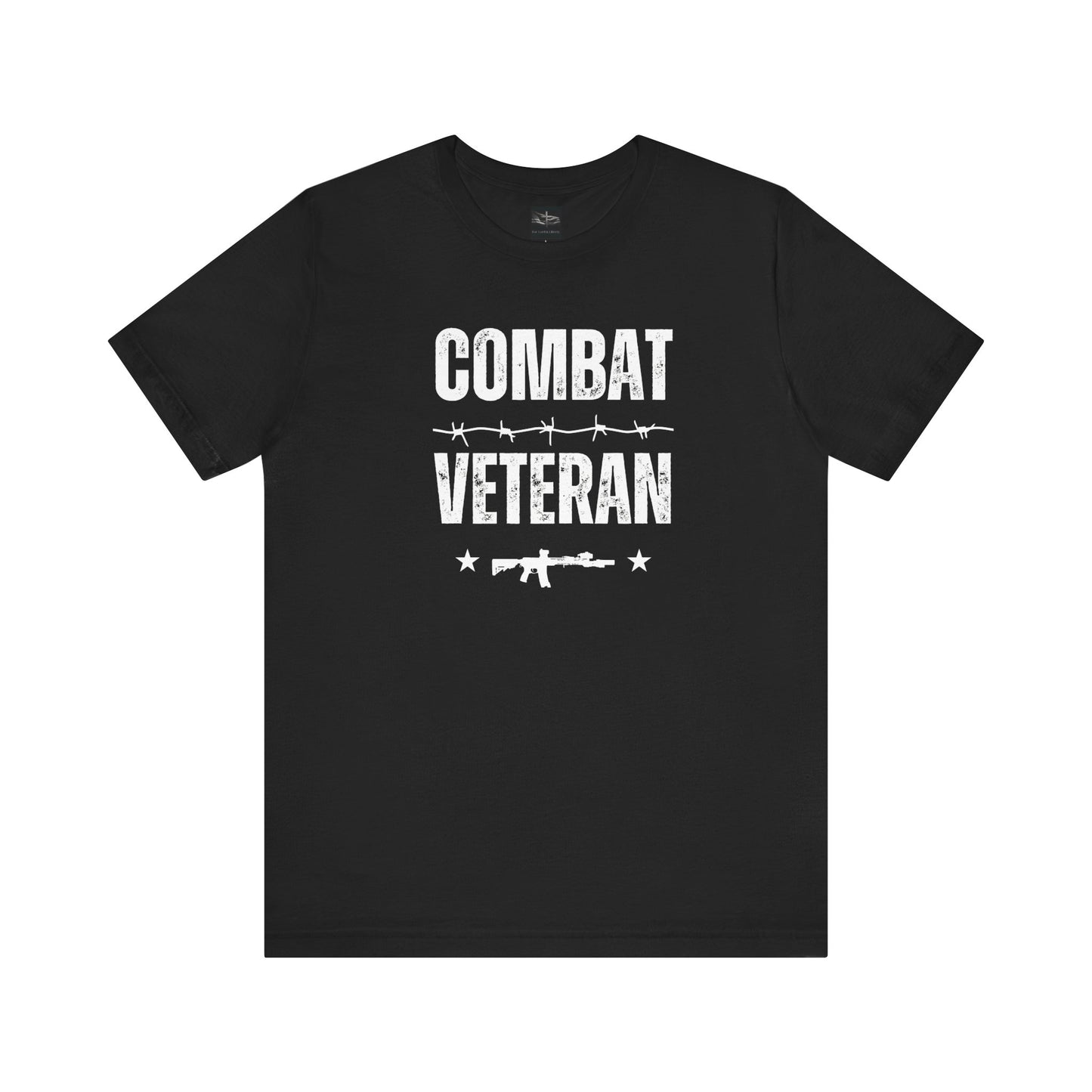 A black t-shirt with the words combat veteran that includes a m-4 rifle, stars, and barb wire