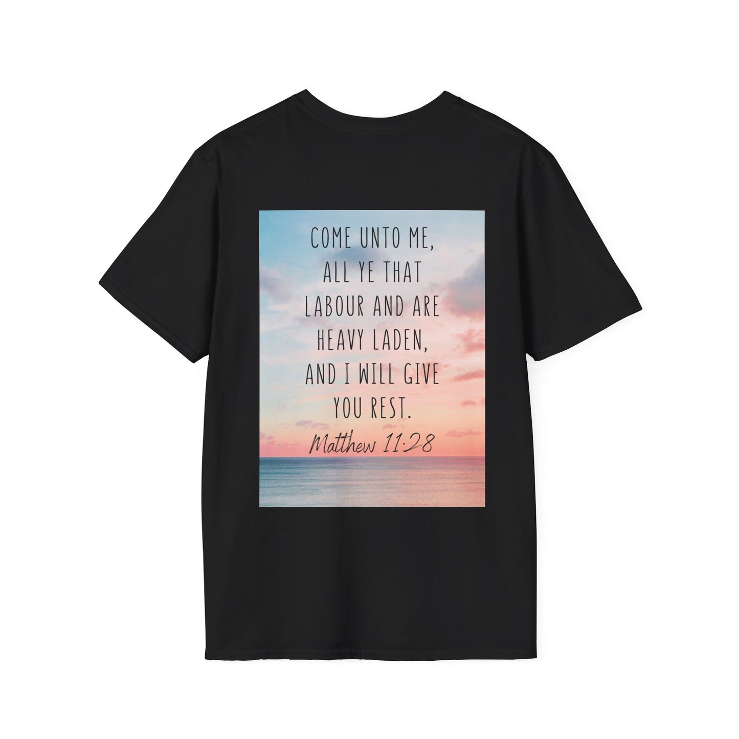 a black color t-shirt with tranquil imagery with the Scripture Matthew 11:28: "Come unto me, all ye that labour and are heavy laden, and I will give you rest."