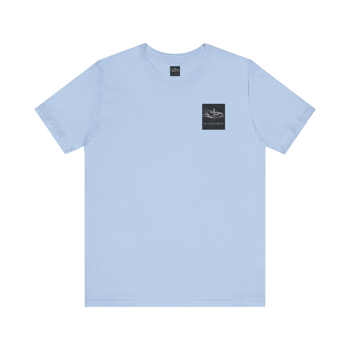 A baby blue t-shirt with the For Lord & Liberty logo on the front left pocket