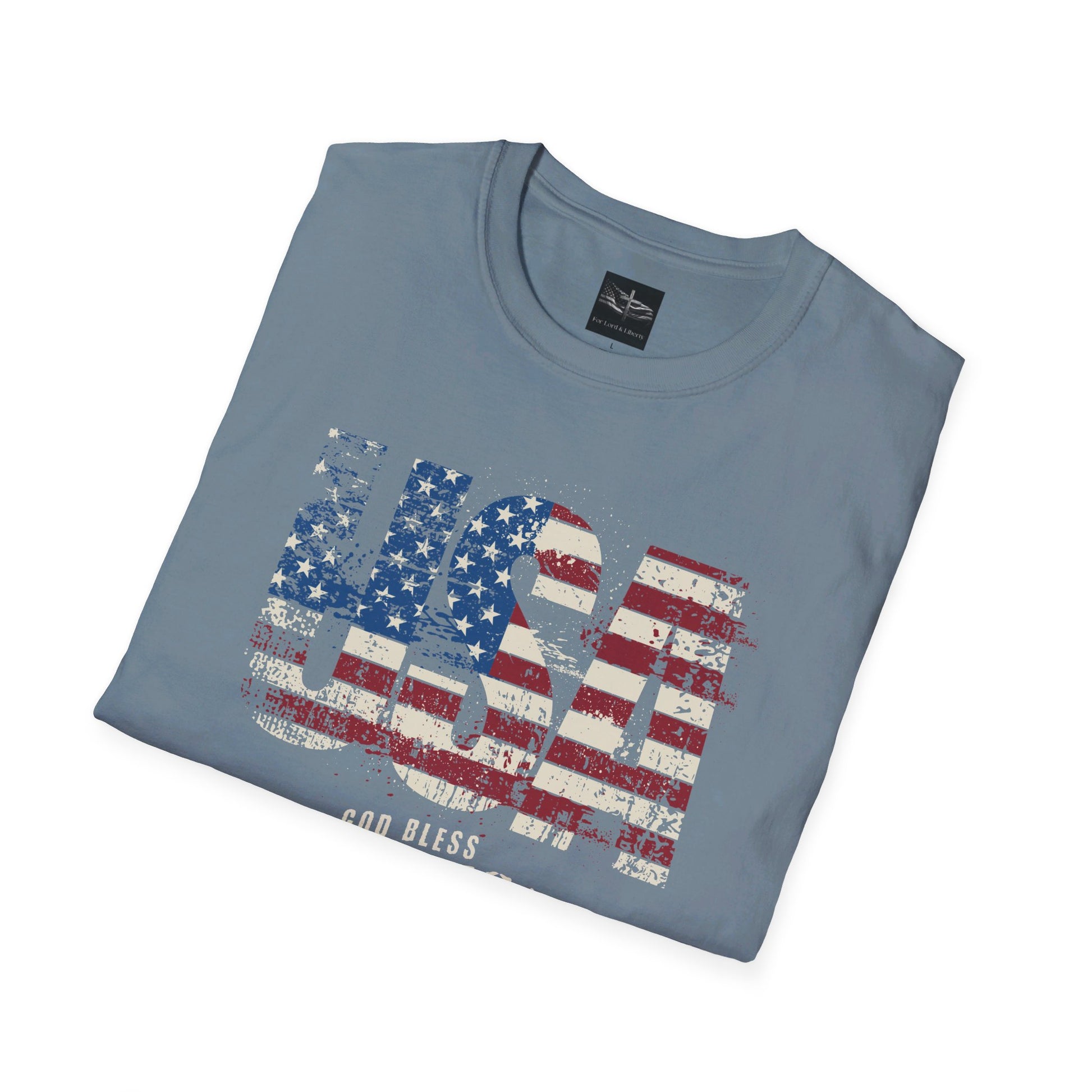 A stone blue t-shirt with the words USA God Bless America