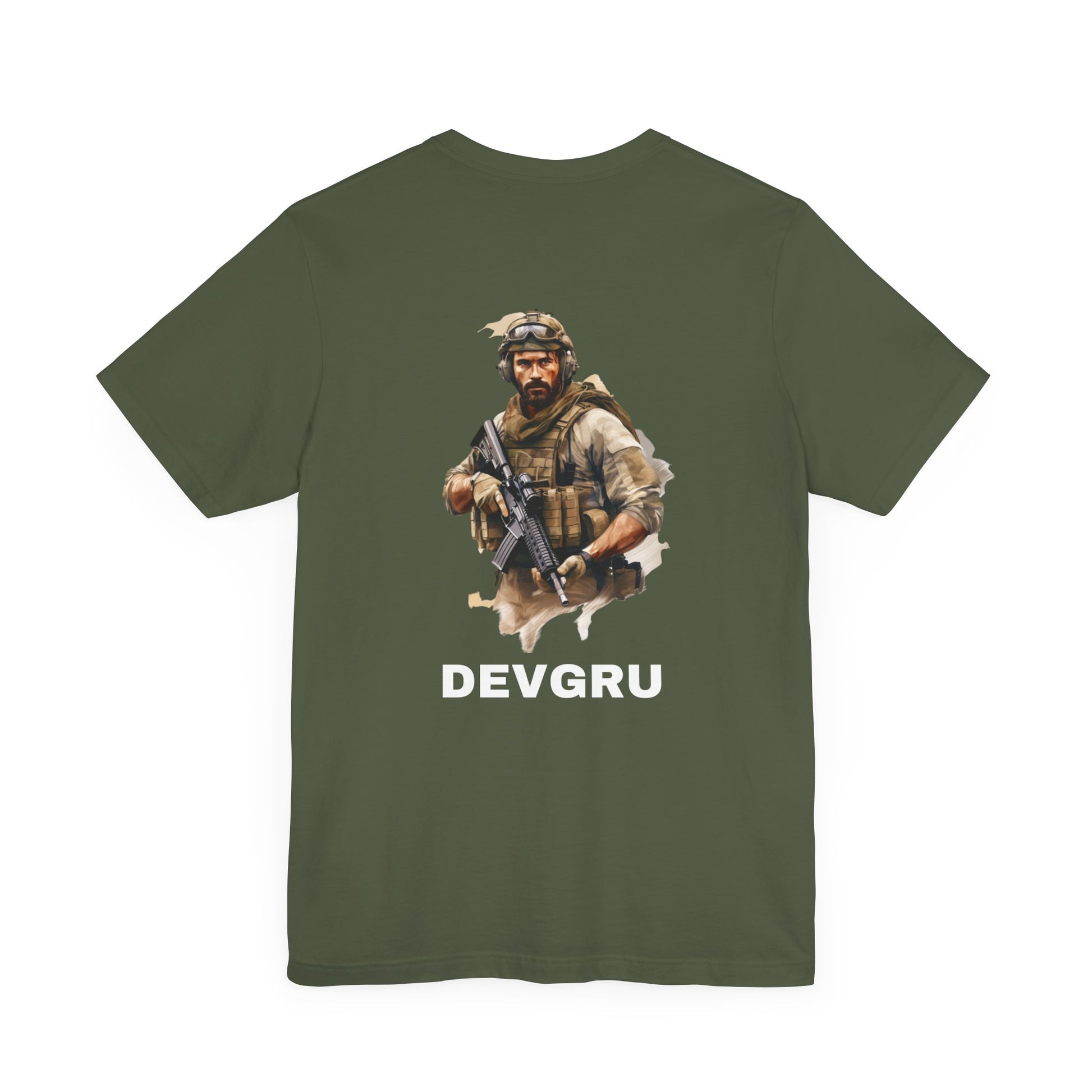 A military green t-shirt with a navy seal on the back with the words DEVGRU in white