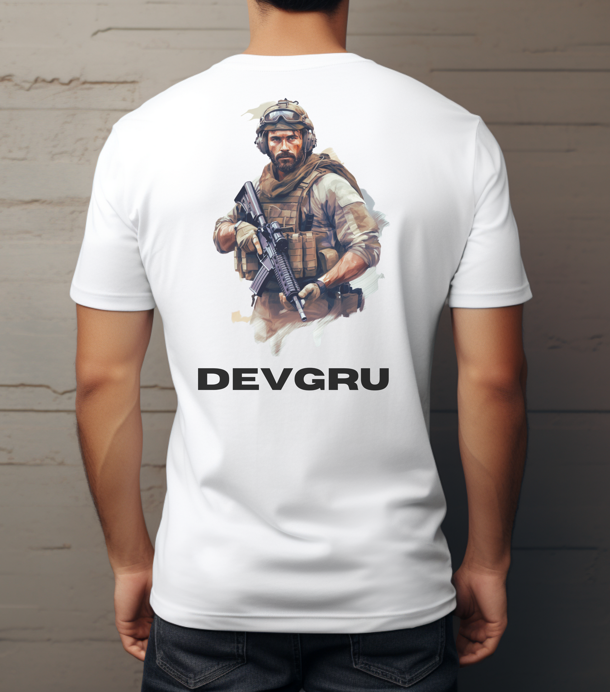 A male wearing a white t-shirt with a navy seal on the back with the words DEVGRU in white