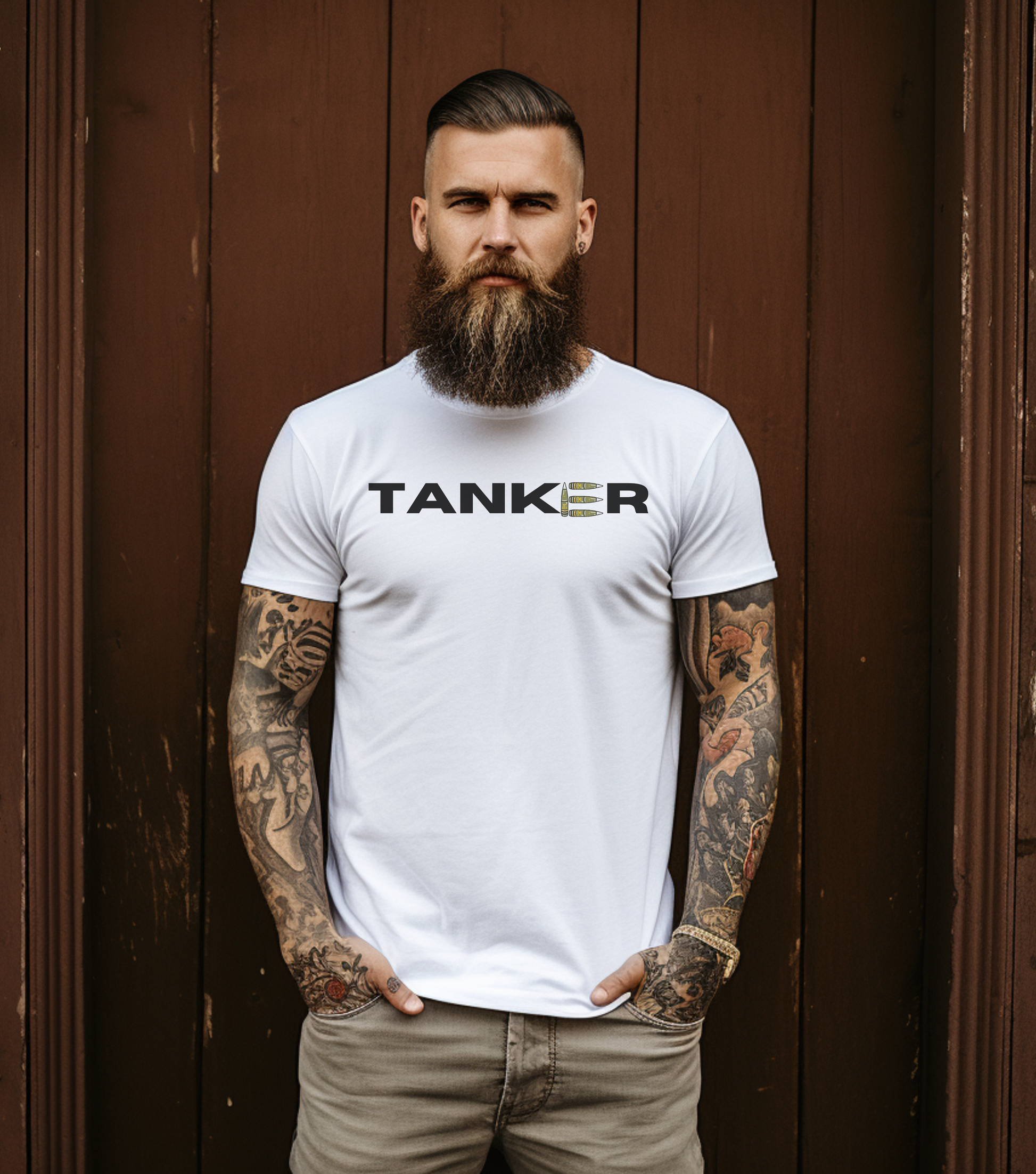 a male wearing white t-shirt with the word TANKER on it