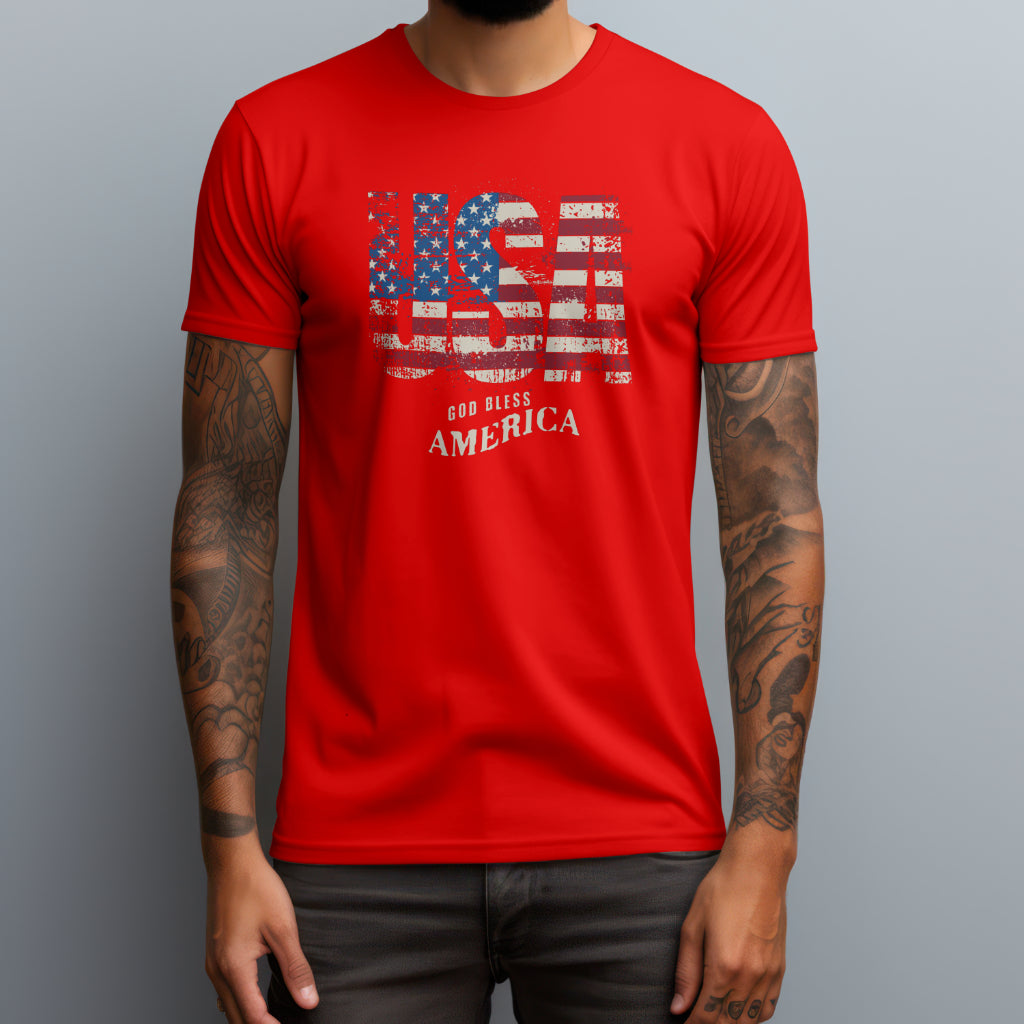 A man wearing a red t-shirt with the words USA God Bless America