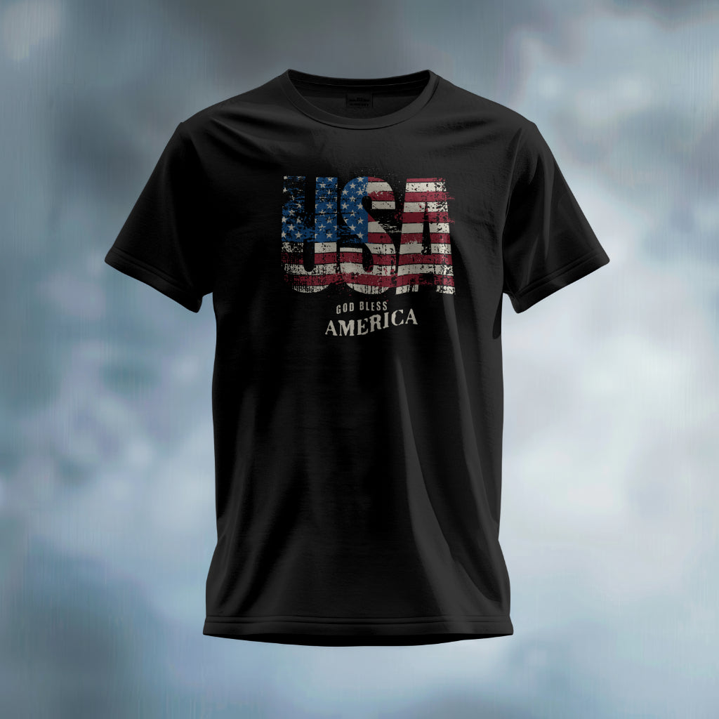 A black t-shirt with the words USA God Bless America