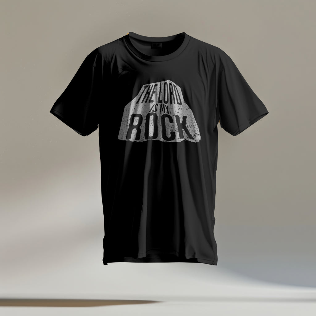 A black t-shirt with a rock and inside says the Lord is my Rock