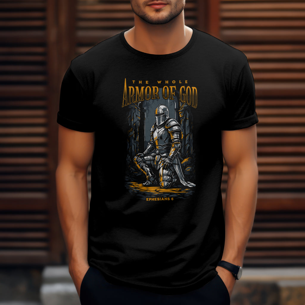 A man wearing a black t-shirt with a picture of someone wearing the whole armor of God