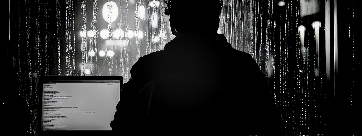 Man working late on a laptop beside a rainy window with city lights behind him, in black and white