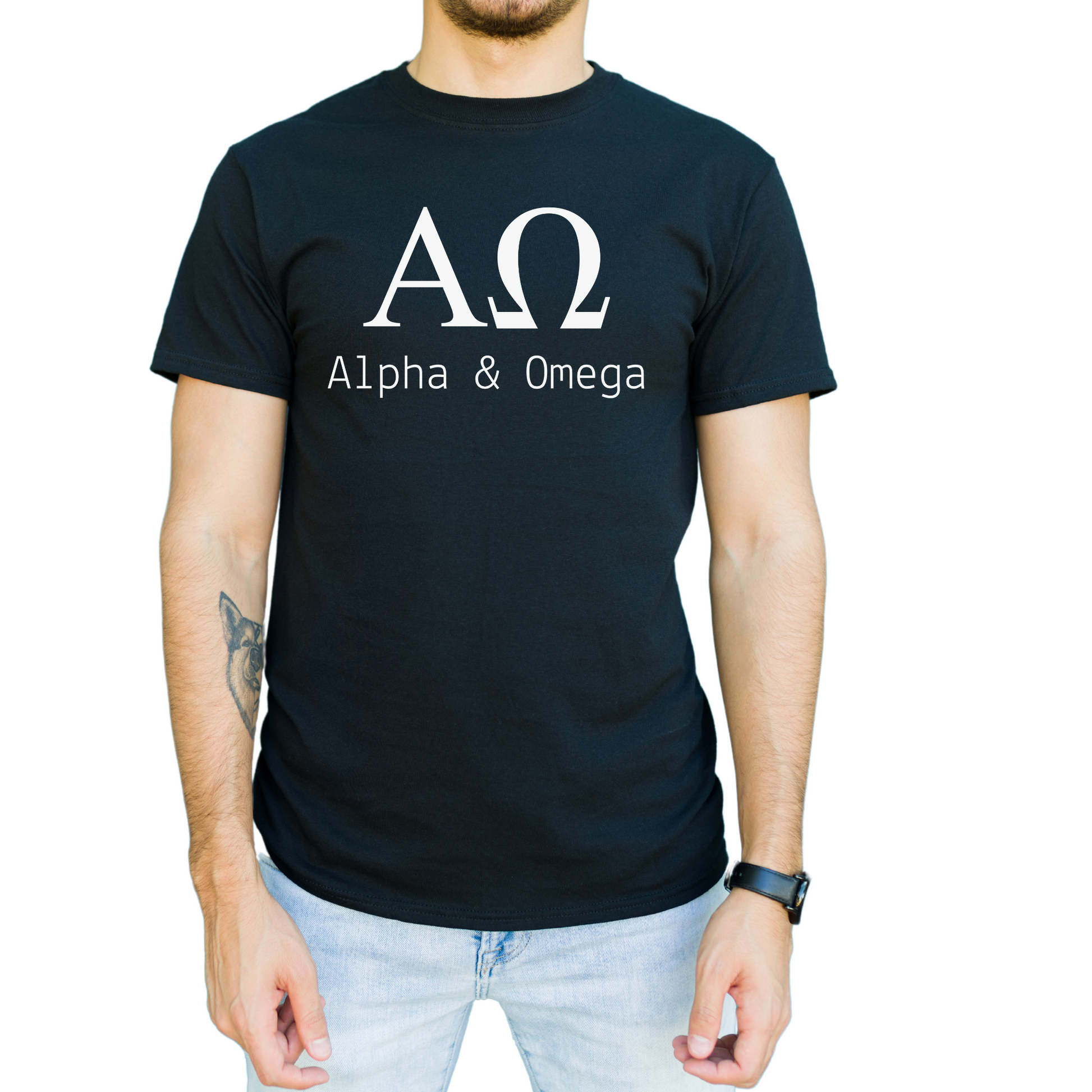 A male wearing a black t-shirt with the Greek symbols alpha and omega