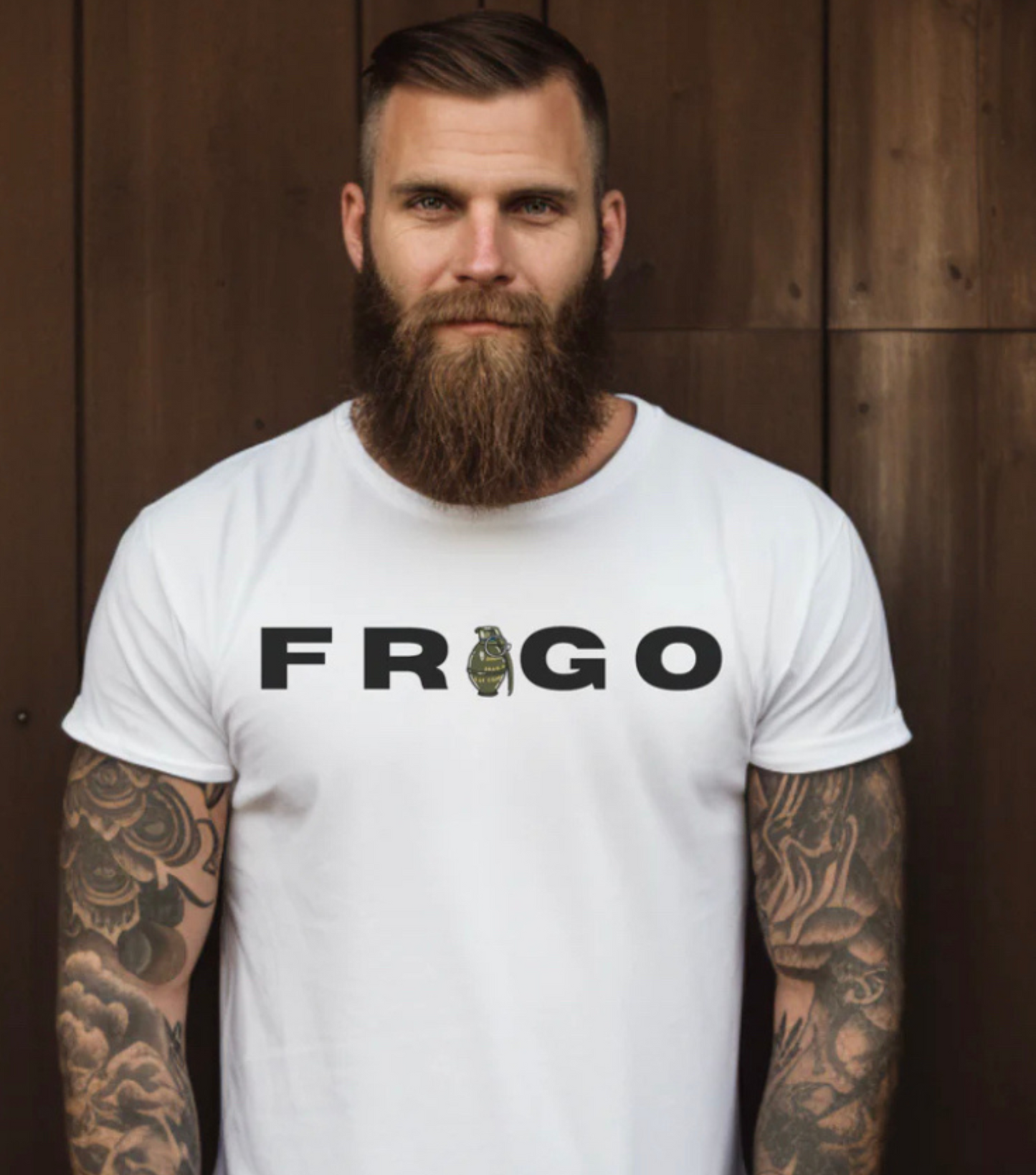 A male wearing a white t-shirt with the word FRAGO on it