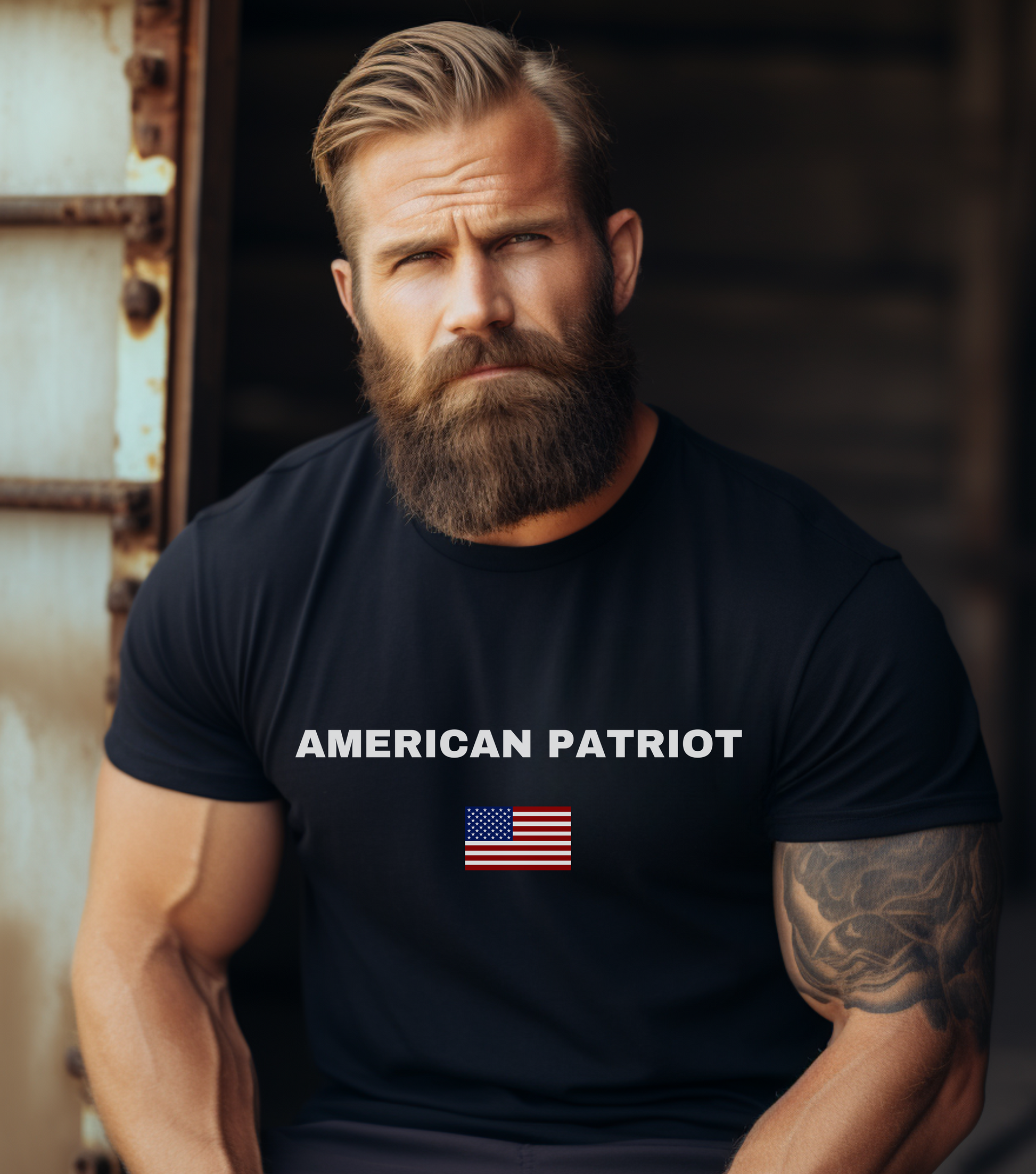 A muscular white male wearing a black t-shirt with the words American Patriot on it in white lettering and an American flag