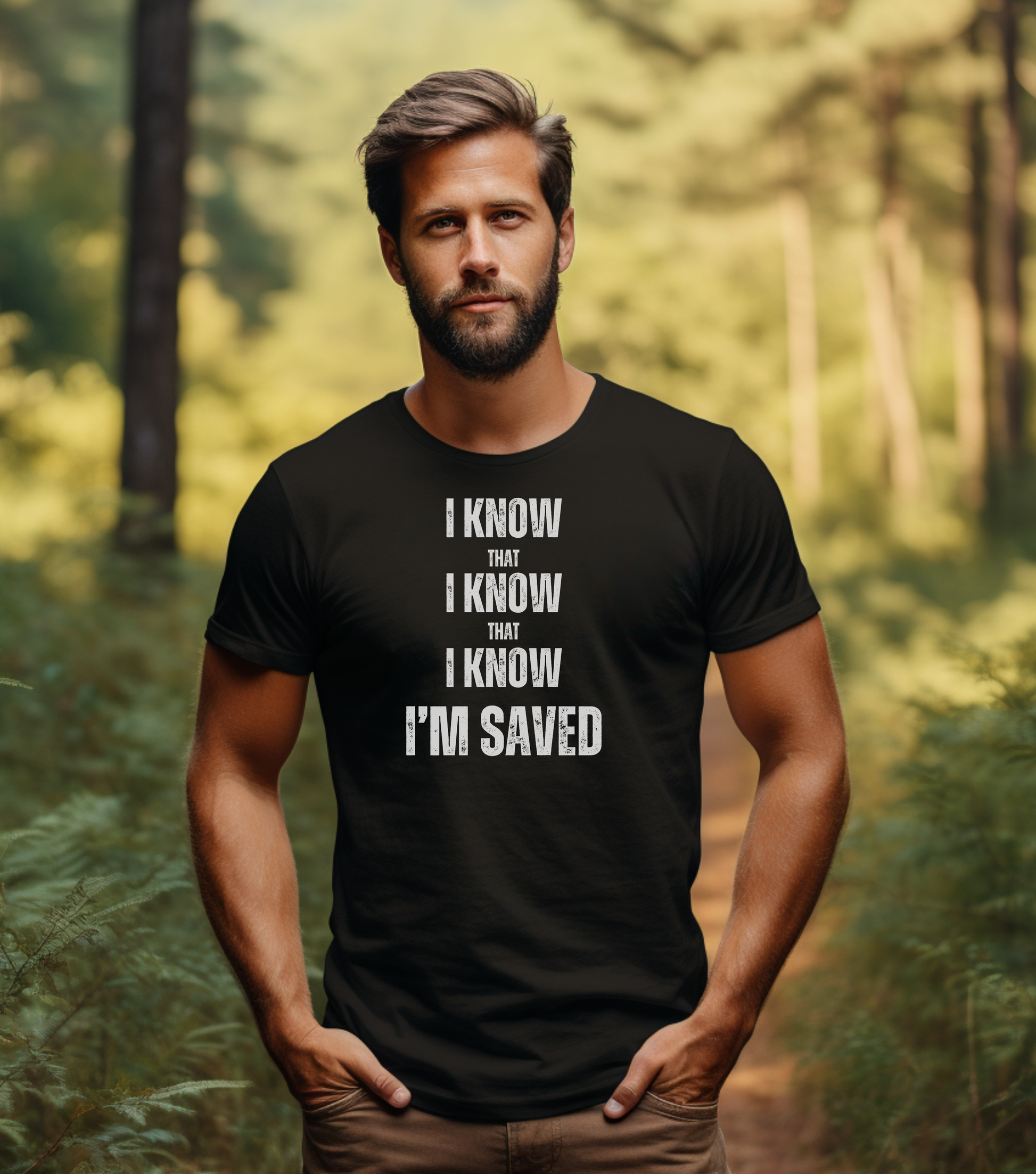 A male with a black t-shirt with the words I Know That I Know That I Know I'm Saved