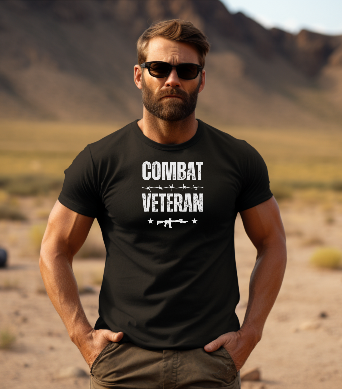 A male wearing a black t-shirt with the words combat veteran that includes a m-4 rifle, stars, and barb wire